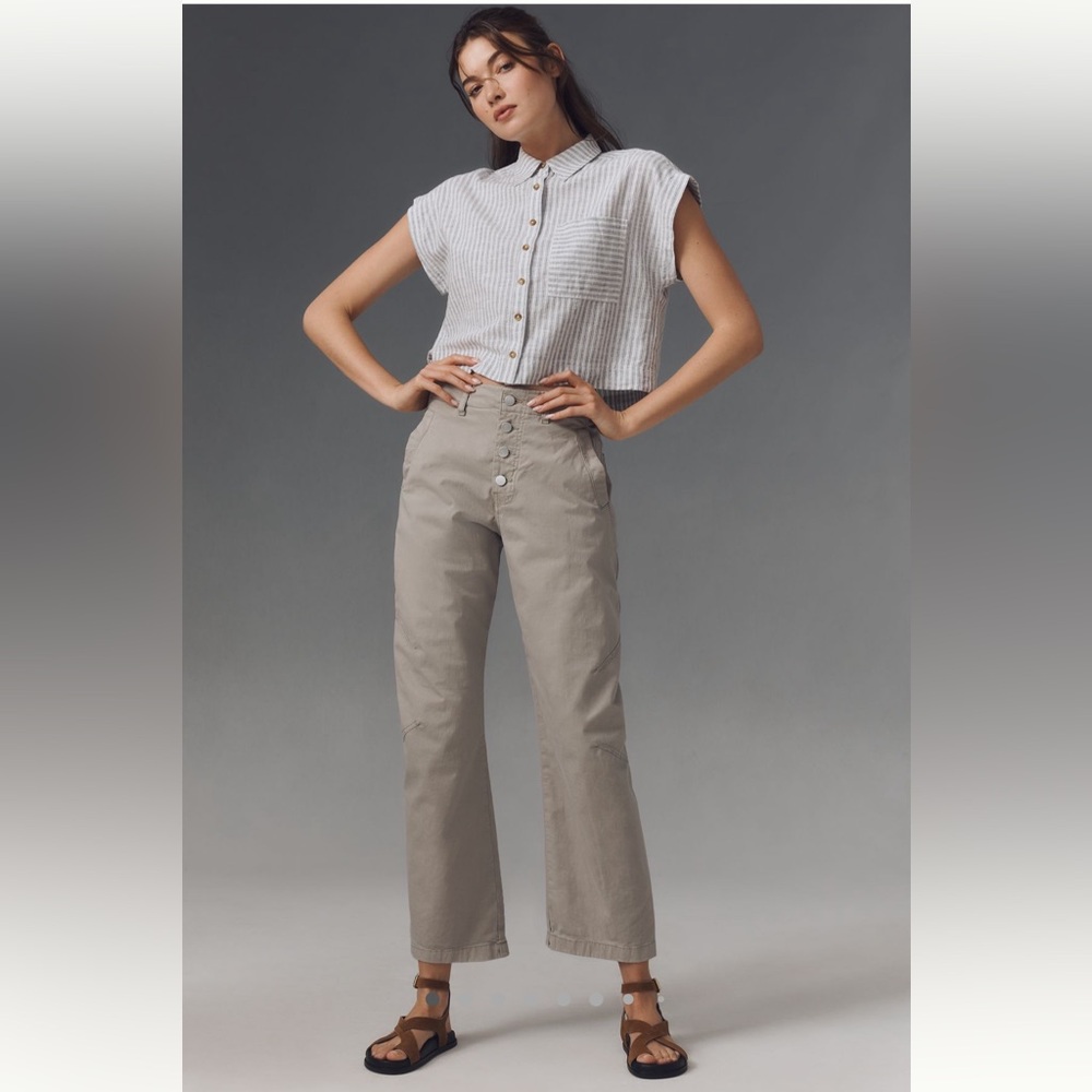 Anthropologie Pilcro Tan Mid Rise Button Front Arin Barrel Leg Pants